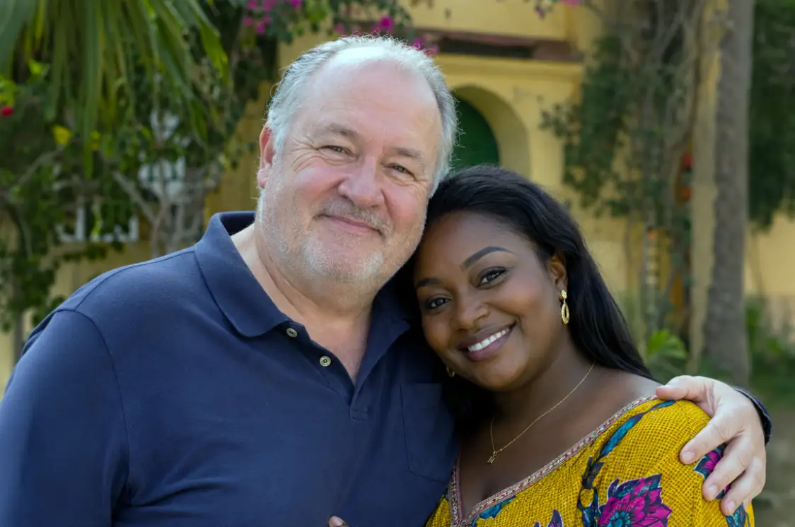 Un couple posant devant une maison colorée