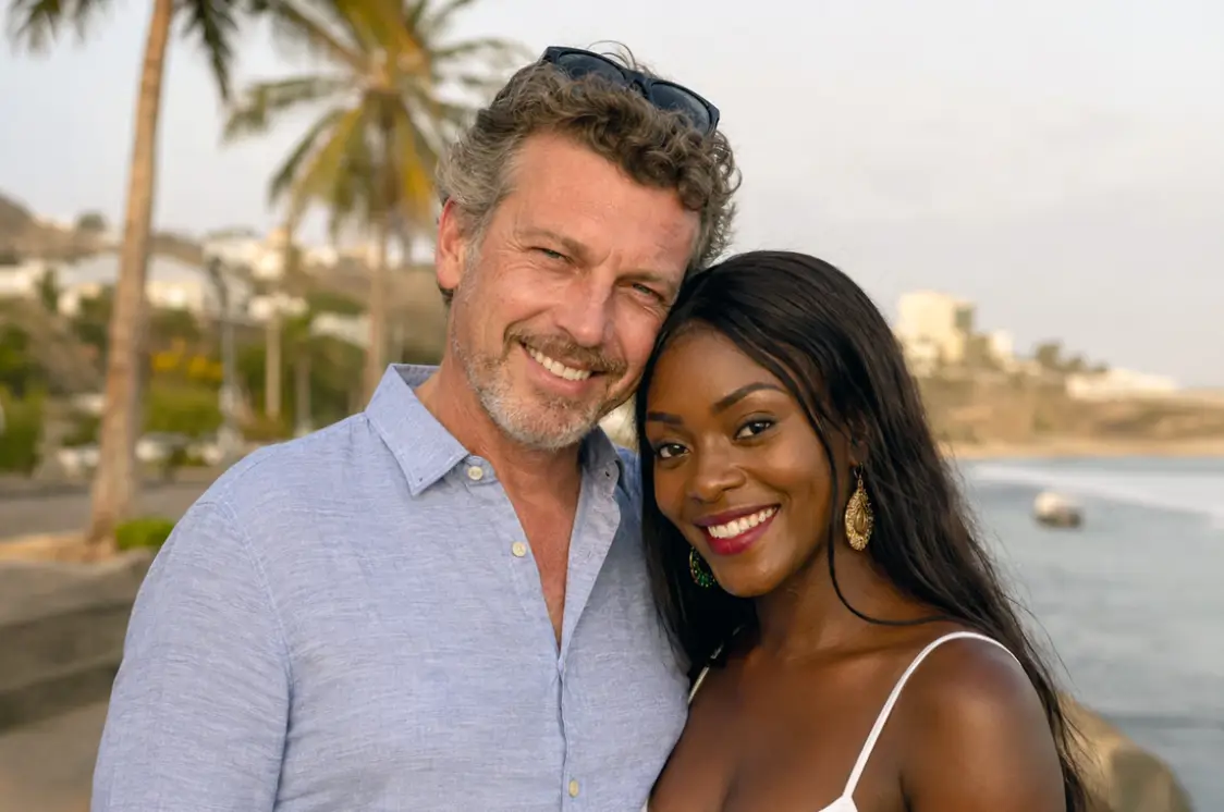 Un couple sur le front de mer, les palmiers derrière eux
