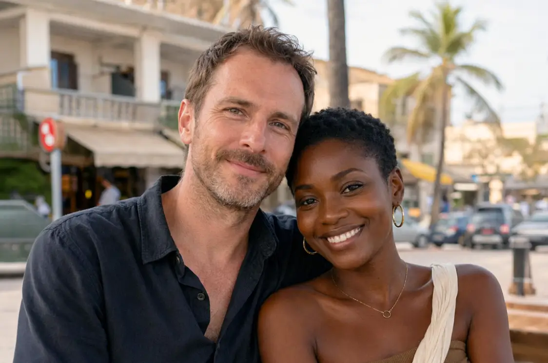 Un couple dans une rue animée, en fin de journée