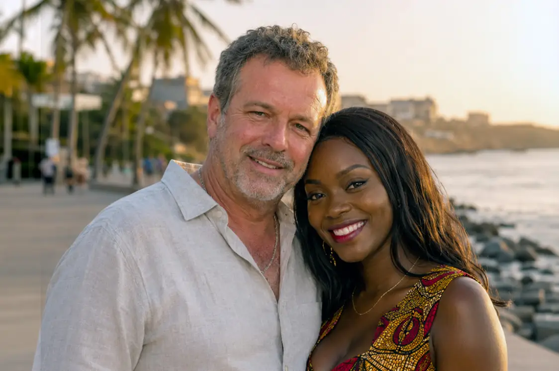 Un couple sur la promenade du bord de mer au couchant