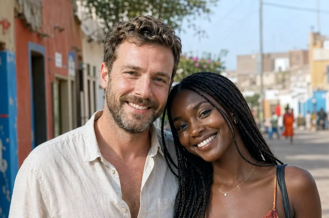 Un couple dans une ruelle aux façades peintes