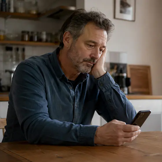 Seul à la table de sa cuisine, son téléphone à la main